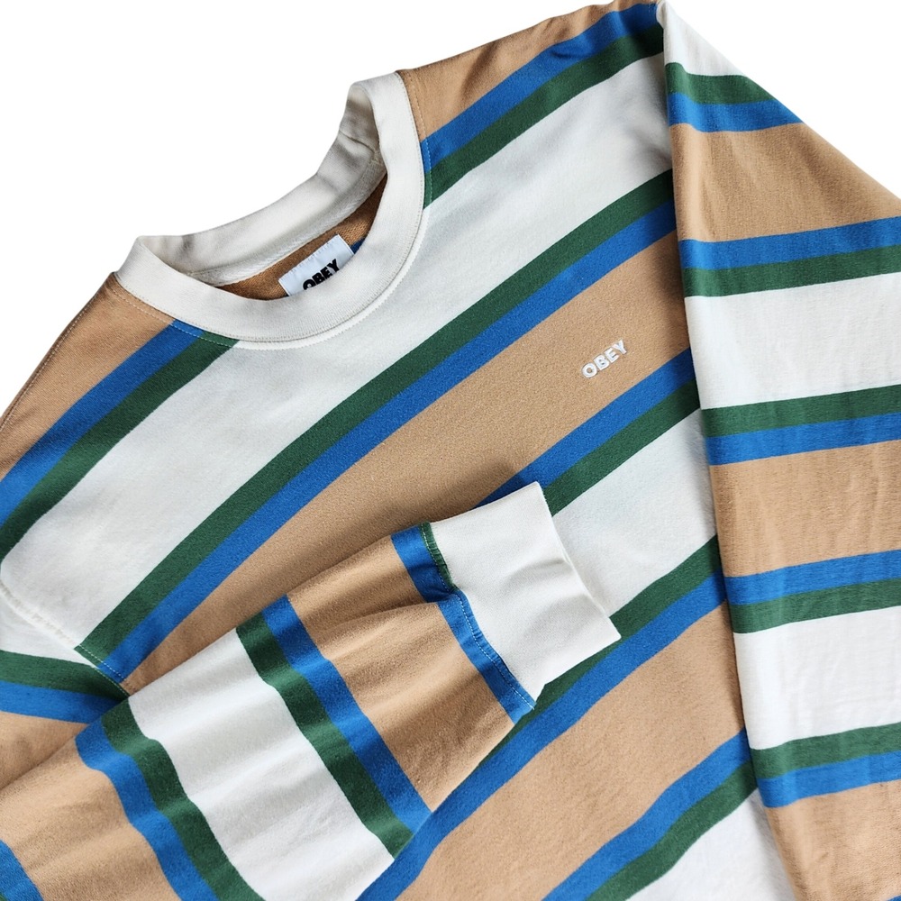 Obey Sweatshirt Mens Small Multicolor Striped Organic Cotton Crewneck Streetwear